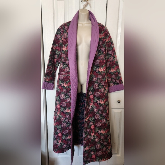 Home Made Repurposed Quilt Quilted Long Jacket Coat Floral Purple Trim Large - Picture 1 of 7